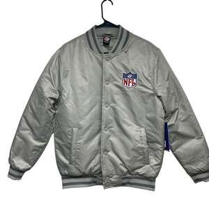NFL Shield Logo Satin Varsity Jacket Silver Gray Bomber Snap Front Men's Size S